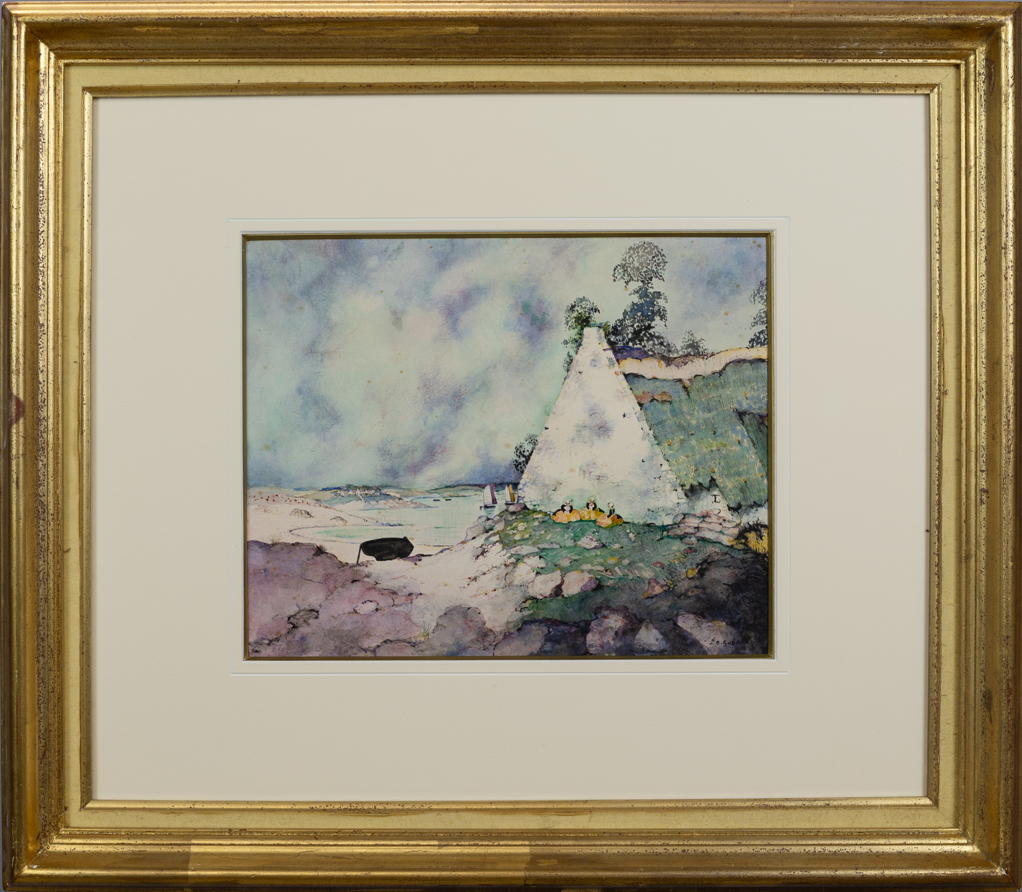 Ernest Guérin – Chaumière bretonne, femme et enfant